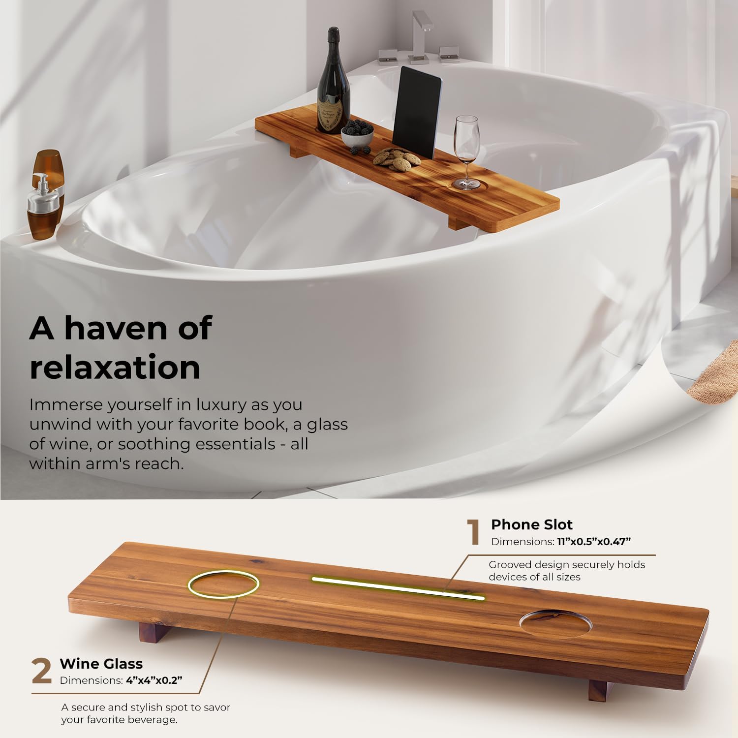 Tinamo Acacia Bathtub Caddy Tray Table | 35x9 Inch Large Bath Tub Tray Wooden | Anti-Tipping, Sustainable Tub Tray for Bathtub | Bathtub Accessories Holders for Bathtub (Acacia, 35x9)