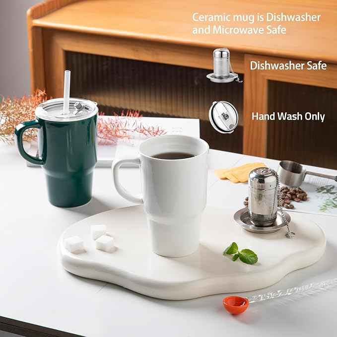 Sweejar Ceramic Tea Cup with Lid, 16 OZ Portable Coffee Mug, Dishwasher Safe Travel Mug with Infuser, Reusable Teacup for Car Cup Holder, Tea Lovers(Jade)