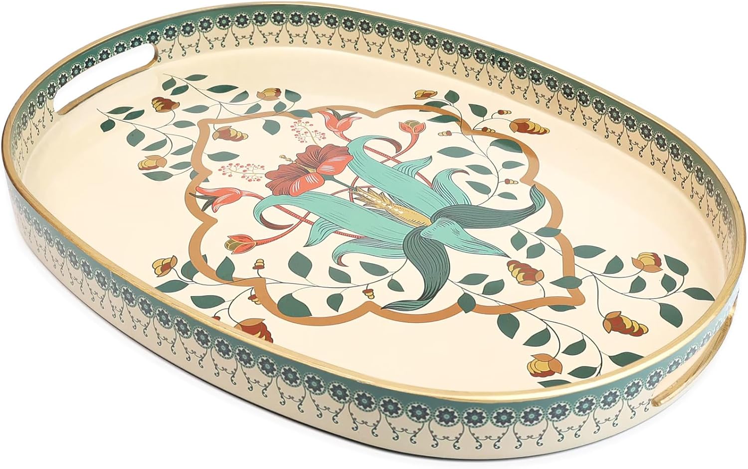 Oval Plastic Serving Tray with Handles, Elegant Decorative Tray for Coffee Table, Ottoman, Living Room, Kitchen, Outdoor Use. 10"*16"*1.4" A