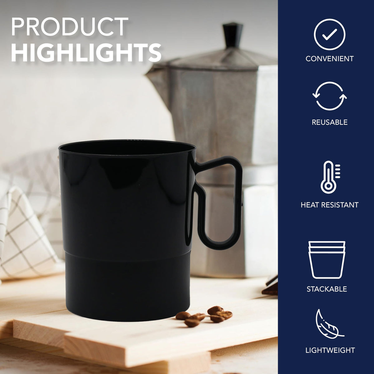 Black 8 oz plastic mug with full-size handle