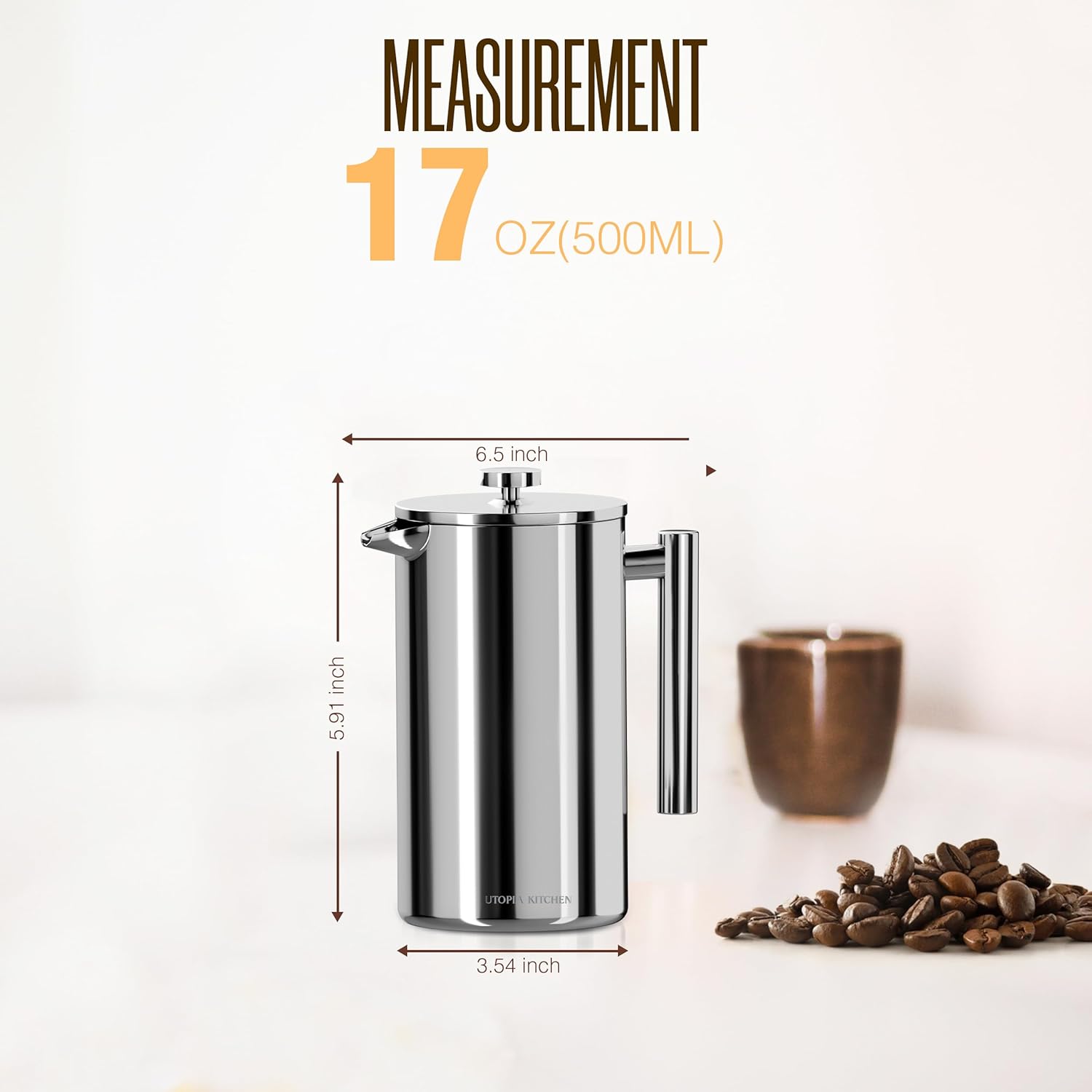 Utopia Kitchen French Press Coffee Maker, Double Wall Insulated Stainless Steel Coffee Press with 4-Level Filtration system, Includes 2 Extra Filters, Rust-Free, Dishwasher Safe (Silver, 17 Ounce) - Blissbrew