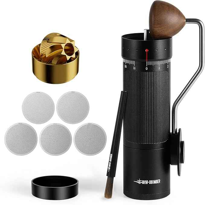 MHW-3BOMBER R3 Pro Manual Coffee Grinder - Titanium Coated Conical Burr - External Adjustable Hand Bean Grinder for Espresso to French Press - Professional Kit with 5 Metal Sieve Screens, G5847B