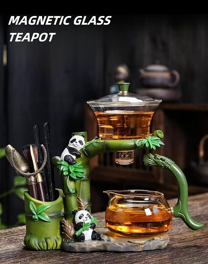 Tea Infuser Lazy Kungfu Magnetic TeaPot Semi-Automatic Drip Glass Teapots Panda Heat-Resistant Tea Maker Set(Iclude Six Gentlemen of Tea Set)