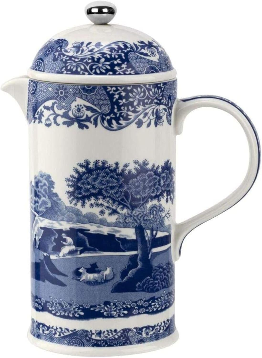Spode Blue Italian French Press | 28-Ounce Capacity | Espresso, Coffee, and Tea Maker | Porcelain Cafetiere | Stainless Steel Plunger | Dishwasher Safe (Blue/White) - Blissbrew
