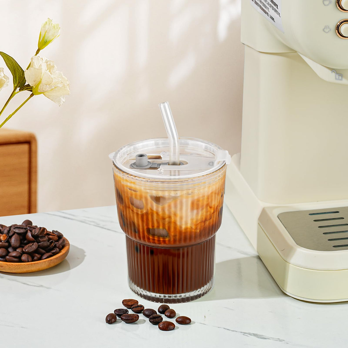 4 Pack 14&20 Oz Glass Cups with Lids and Straws Iced Coffee Cups Vintage Ribbed Glassware for Beer Ice Coffee Fruit Juice Elegant Aesthetic Cup Glass Iced Coffee Tumbler Include 2 Cleaning Brushes