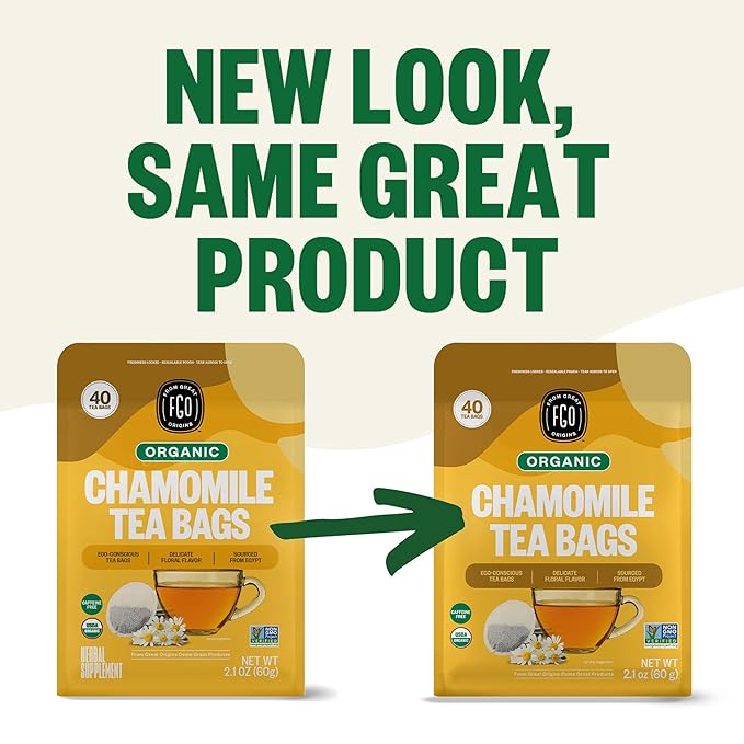 FGO Organic Chamomile Tea, 40 Count, Eco-Conscious Tea Bags, Resealable Bag (Pack of 1)