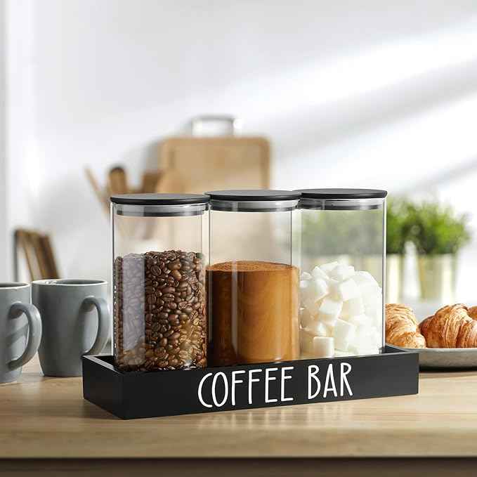 Glass Coffee Canister for Ground Coffee - 3Pcs 45oz Coffee and Sugar Container Set with Airtight Bamboo Lids and Black Tray - Farmhouse Coffee Bean Storage Jars for Coffee Bar Decor and Accessories