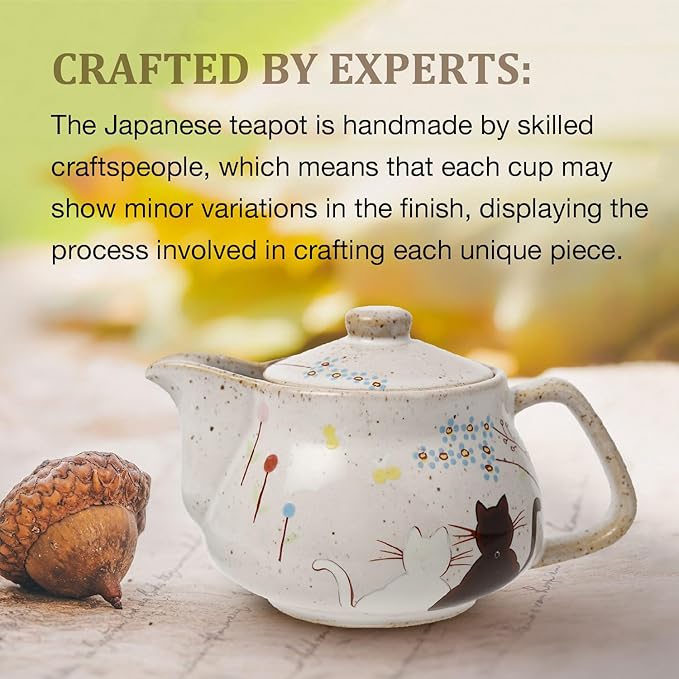 10oz Cat kyusu Kutani Yaki(ware) Japanese CeramicTeapot with Removable Infuser, Stovetop Safe Tea Kettle, Blooming and Loose Leaf Tea Maker Set (Cat, White)