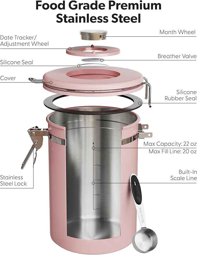 Veken Coffee Canister with Window, Easter Gifts Airtight Stainless Steel Container with Lids, Home Kitchen Food Storage Jars for Grounds, Beans, Tea, Flour, Cereal, Sugar, Basket, Scoop, 22OZ, Pink