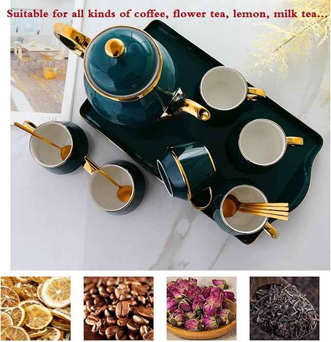 Tea Cups and Tray Set of 14 Pieces,Luxury Set with Teapot, Afternoon Tea Coffee Cups with Ceramic Tray, British Porcelain Tea Party Set for Kitchen,B