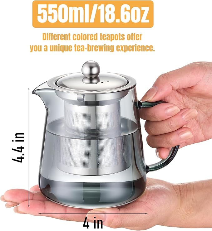 PARACITY Glass Teapot Stovetop 55ml/18.6oz, Borosilicate Clear Tea Kettle with Removable 18/8 Stainless Steel Infuser, Teapot Blooming and Loose Leaf Tea Maker Tea Brewer for Camping