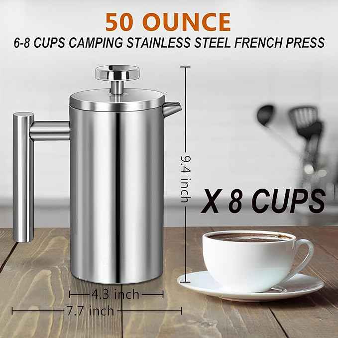 Large French Press Coffee Maker 50oz (1.5L), 304 Stainless Steel Double Wall Insulated Tea Press for Camping, Backpacking, Party, Travel, Gift Set, Dishwasher Safe (Silver, 6-8 Cups)