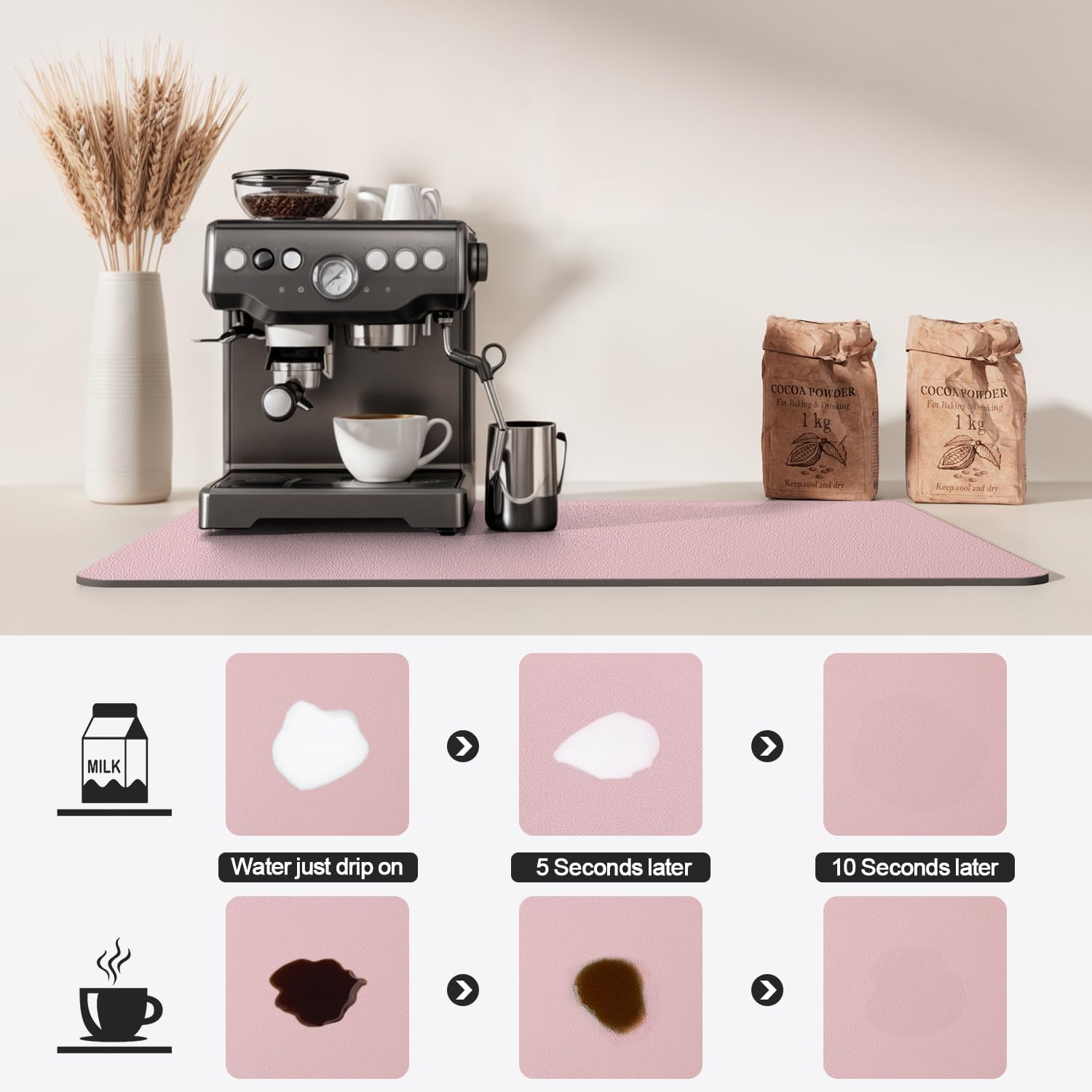 Dish Drying Mat for Kitchen Counter | Coffee Bar Mat for Countertops | Heat Resistant Drainer Mat with Non-slip Rubber Backed | Hide Stain Kitchen Absorbent Draining Mat | Pink 16"x18"