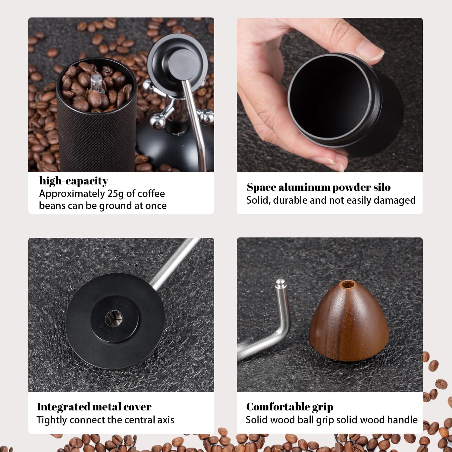 Manual Coffee Grinder Capacity 25 Grams, Stainless Steel Burrs - Wooden Handle, Burr Coffee Grinder for Home, Office, Camping, Hiking (Grey)