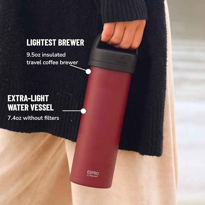 ESPRO P0 Ultralight French Press Coffee Maker for Travel, Vacuum Insulated Stainless Steel, 16 Ounces, Cranberry
