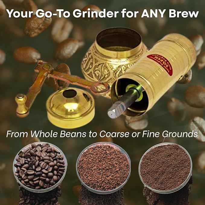 Sozen 7.6" Manual Coffee Grinder Brass – Hand Crank Burr Mill for Turkish Coffee, French Press, Espresso, Camping & Home Use – Portable Coffee Bean Grinder, Adjustable Conical Grinder