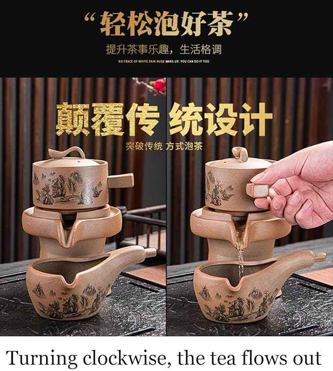 Chinese Gongfu Tea Gift Set, Semi-Automatic Stone-Mill Design Ceramics Tea Set Rotate TeaPot 6 Cups for Adults Men Women Tea Ceremony Party Home Office Decor (landscape)