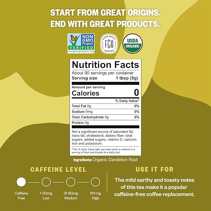 FGO Organic Dandelion Root Loose Tea, Cut and Sifted, Caffeine Free, 16oz Bulk Resealable Bag, Packaging May Vary (Pack of 1)
