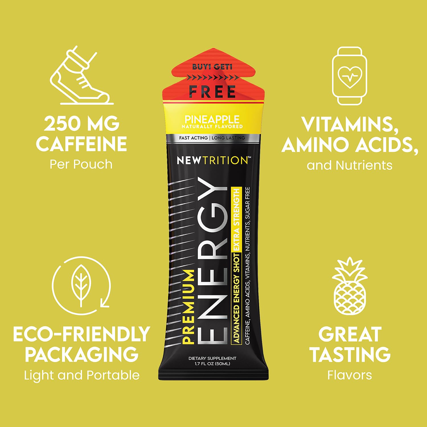 NewTrition® Extra Strength Energy Shots, 250mg Caffeine Energy Shots with Vitamin B & Amino Acids, Sugar-Free Vitamin Energy Shot, 1.7 fl oz (Pack of 12, Pineapple)