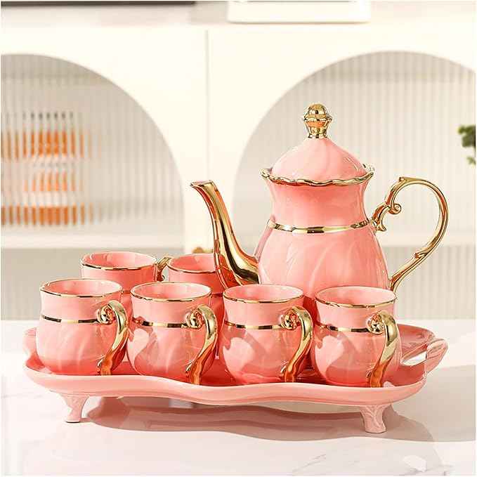 Adult Tea Set, Luxury English Teacup Set, Exquisite Ladies Tea Set (6 Cups + 1 Pot + 1 Tray) With Gift Box Packaging (pink)