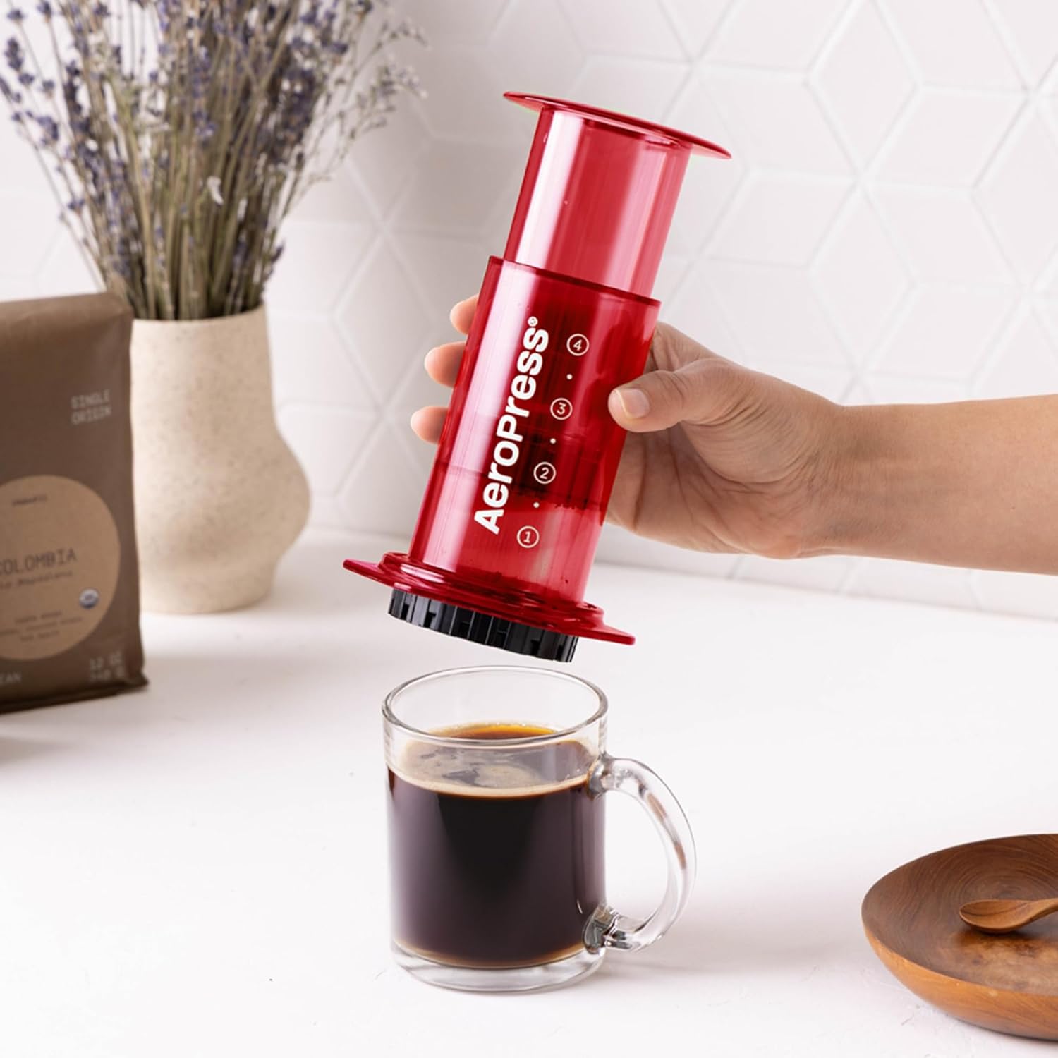 AeroPress Clear Red Coffee Press – 3 In 1 Brew Method Combines French Press, Pourover, Espresso, Full Bodied Coffee Without Grit or Bitterness, Small Portable Coffee Maker for Camping & Travel, Red - Blissbrew