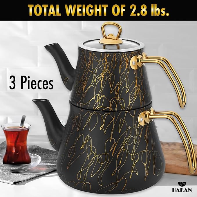 Hakan Black & Gold Avangarde Granite Teapot Set | Keeps Heat, Stovetop Safe, Stainless Steel Handle | Turkish Black Tea Pots with Gold Detail Design | 42.3 oz Tea Pot with Lid + 93 oz (Gold Handles)