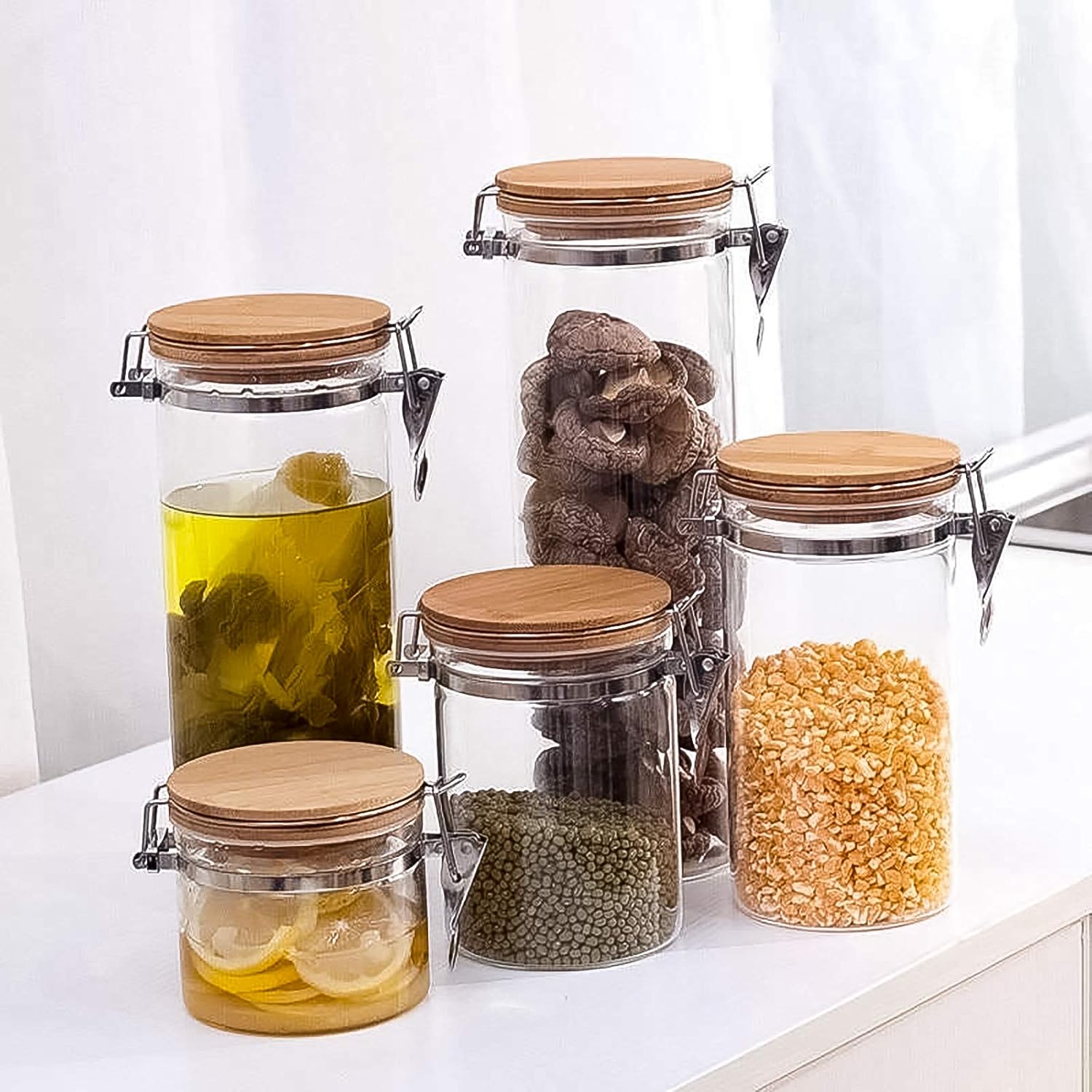 Set of 5 Borosilicate Glass Sugar Packet Holder Food Storage Jar Containers with Airtight Bamboo Clamp Lid, Airtight Canisters for Kitchen Bathroom and Pantry Organization, Cookie Jars for Flour