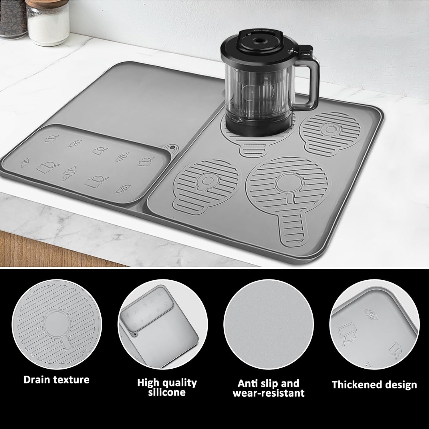 Silicone Coffee Mat 25"x16'' Large Coffee Bar Mat for Counter Station Accessories, Bar Mat with Detachable Dish Drying Mat - Fits Under Coffee Maker, Ice Cream Maker & Dish Rack, 3 IN 1