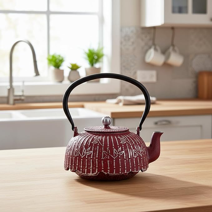 Tea Kettle, Japanese Cast Iron Teapot with Stainless Steel Infuser, Cast Iron Tea Kettle, Durable Teapot Coated with Enameled Interior (40.6oz Burgundy Bamboo Leaf Pattern)