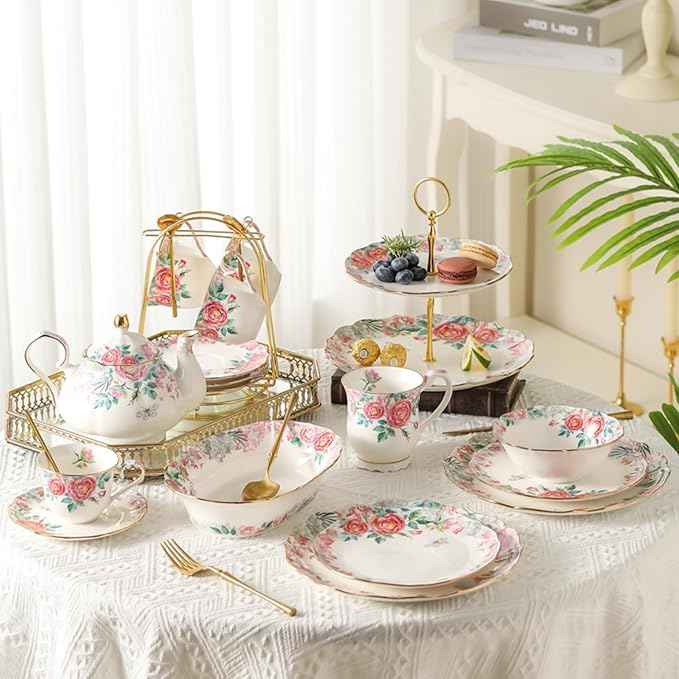 15 Piece Bone China Tea Cup Sets, Elegant Flower Painting Teapot Cup Saucer,Sugar Bowl Cream Pitcher Teaspoons for Tea/Coffee,Gifts Set for Adults.