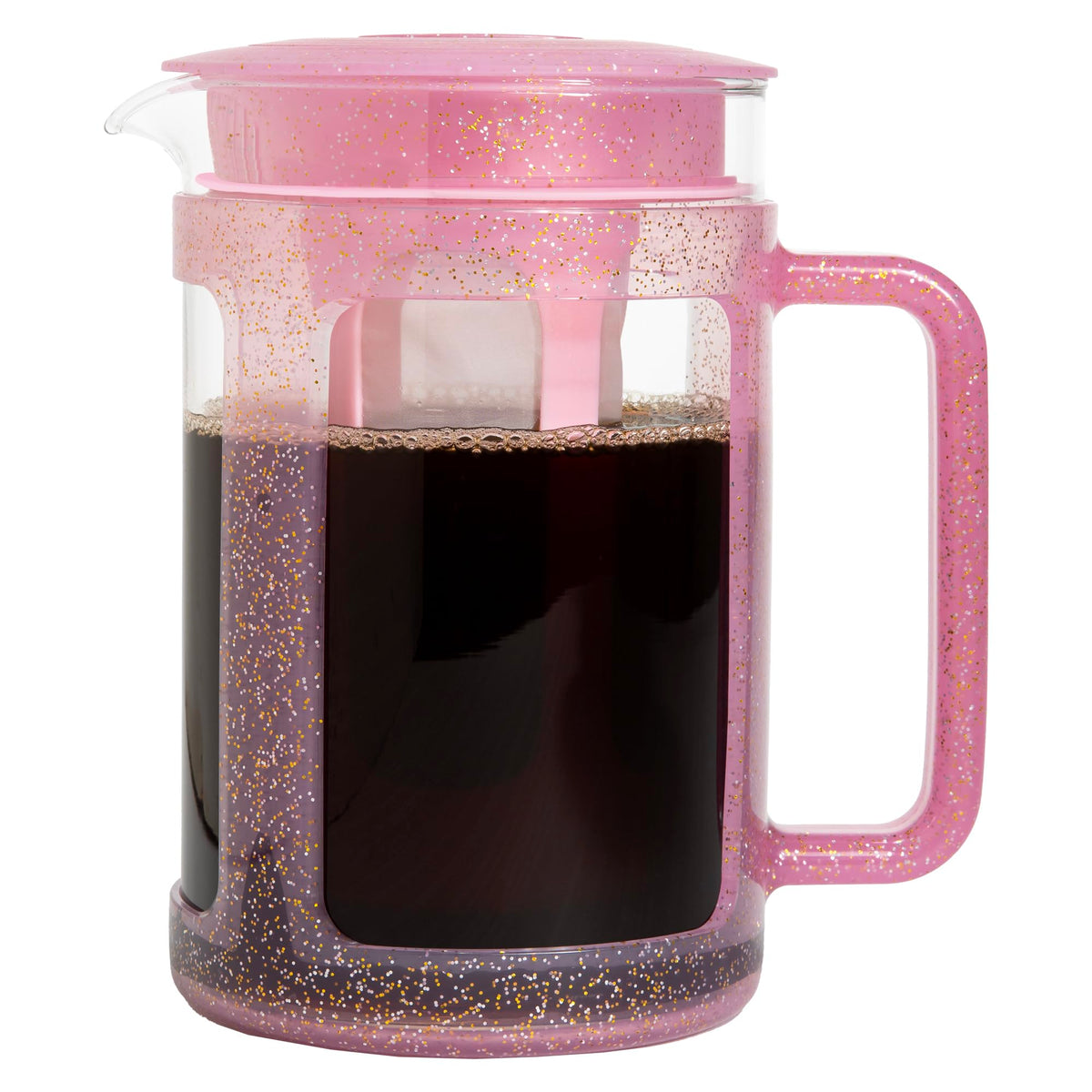 Glitter pink cold brew coffee maker with glass pitcher