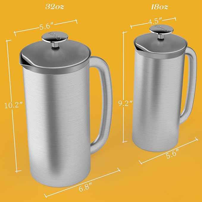ESPRO P7 Brushed Stainless Steel French Press 304 – Patented Double Walled Micro-Filter Insulated French Press Coffee Maker, Grit-Free Brew - Heat Resistant BPA Free (32oz)