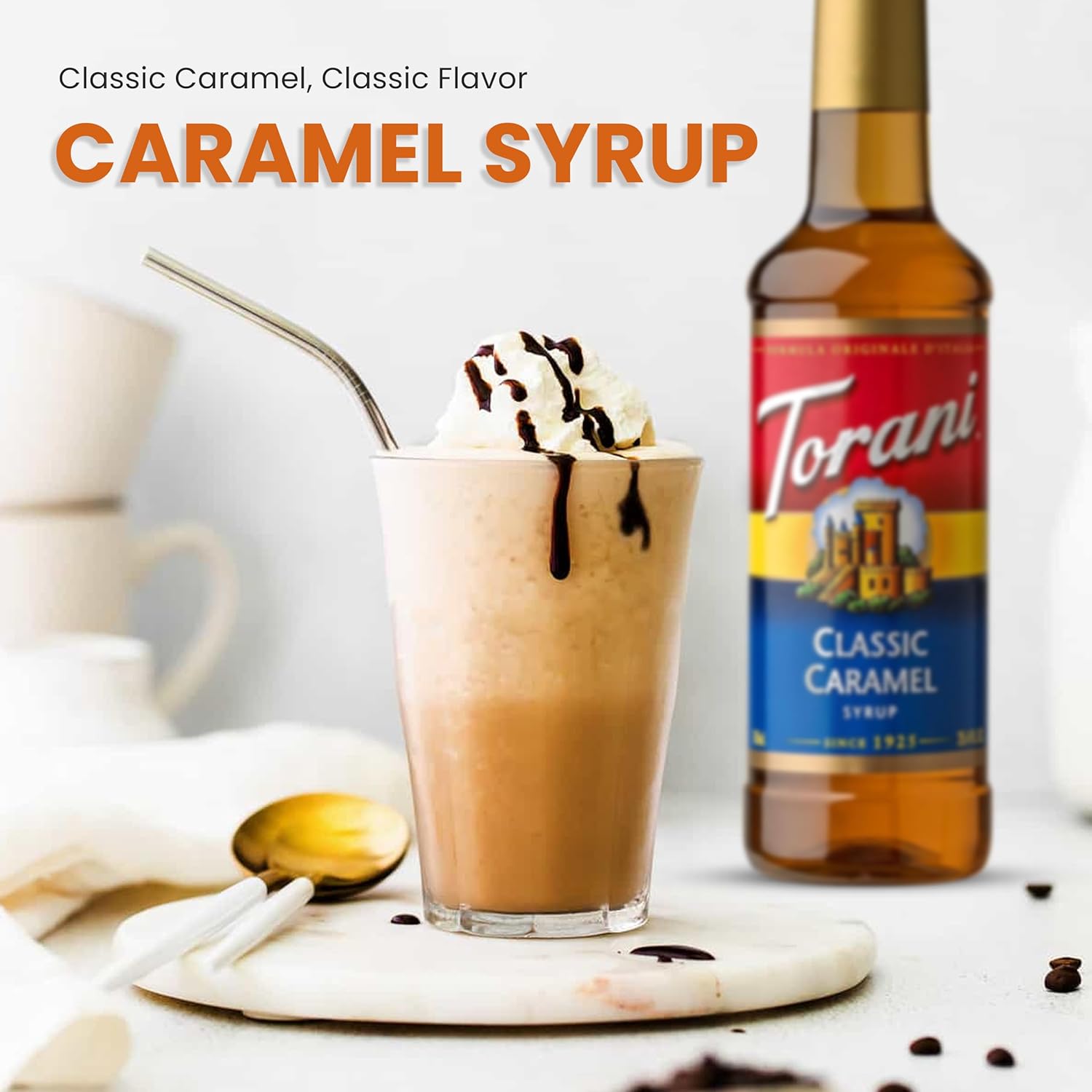 Jimoco® Syrup Pump Dispenser + Torani® Caramel Syrup, 25.4 oz - Coffee Syrup Pump & Flavoring Bundle