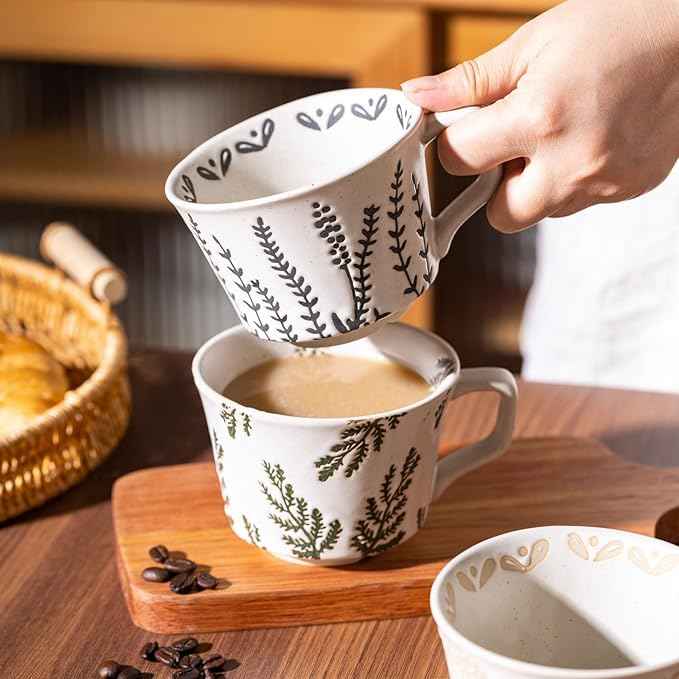 Mug Set of 2 Coffee Mugs Set 11 Ounce, Porcelain Cups for Latte, Hot Tea, Cappuccino, Cocoa, Soup, Dishwasher, Microwave Safe, Christmas Gift Set (Willow leaf & Vines)