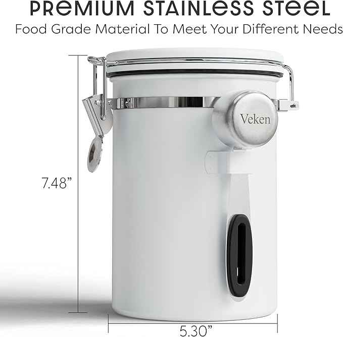 Veken Coffee Canister with Window, Easter Gifts Airtight Stainless Steel Container with Lids, Home Kitchen Food Storage Jars for Grounds, Beans, Tea, Flour, Cereal, Sugar, Basket, Scoop, 22OZ, White