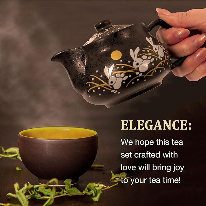 10oz bunny kyusu Rabbit Kutani Yaki(ware) Japanese Teapot with Removable Infuser, Handle Mug Stovetop Safe Tea Kettle, Blooming and Loose Leaf Tea Maker Set(Ceramic, Rabbit Black)