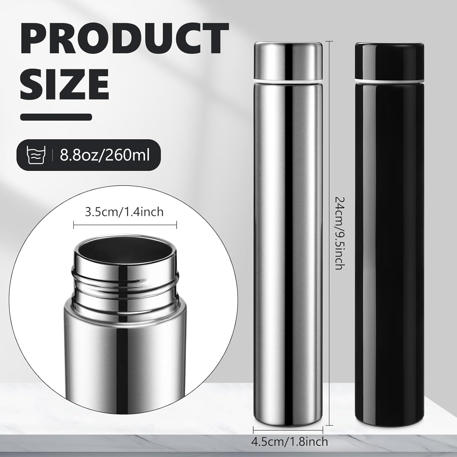 Vesici Slim Water Bottle 8.8 oz Small Stainless Steel Purse Compact Insulated Water Bottles Camping Travel Backpack Pocket Flask for Car Cold Coffee Tea(Silver, Black,2 Pack)