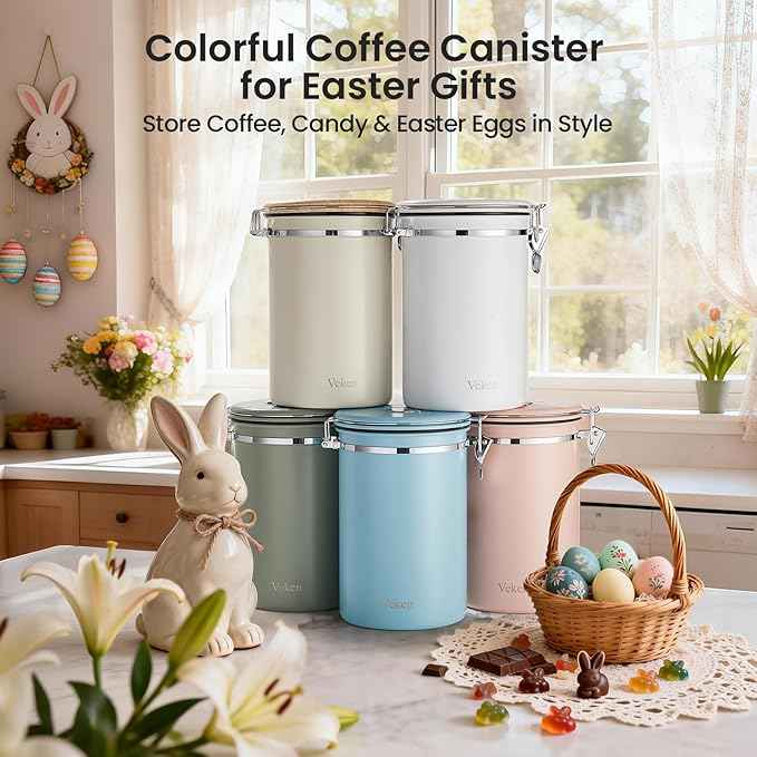 Veken Coffee Canister, 39OZ Large, Airtight Stainless Steel Food Storage Container for 2.2lbs Coffee Beans, Ground, Sugar, Tea, Cookie, Flour, Kitchen Bar Accessories with Date Tracker & Scoop, Blue