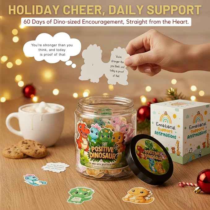 Positive Dinosaur Jar with 60 Affirmation Cards, Emotional Support Dino Gift, Dinosaur Gifts for Adults, Funny Dinosaur Decor for Home or Desk