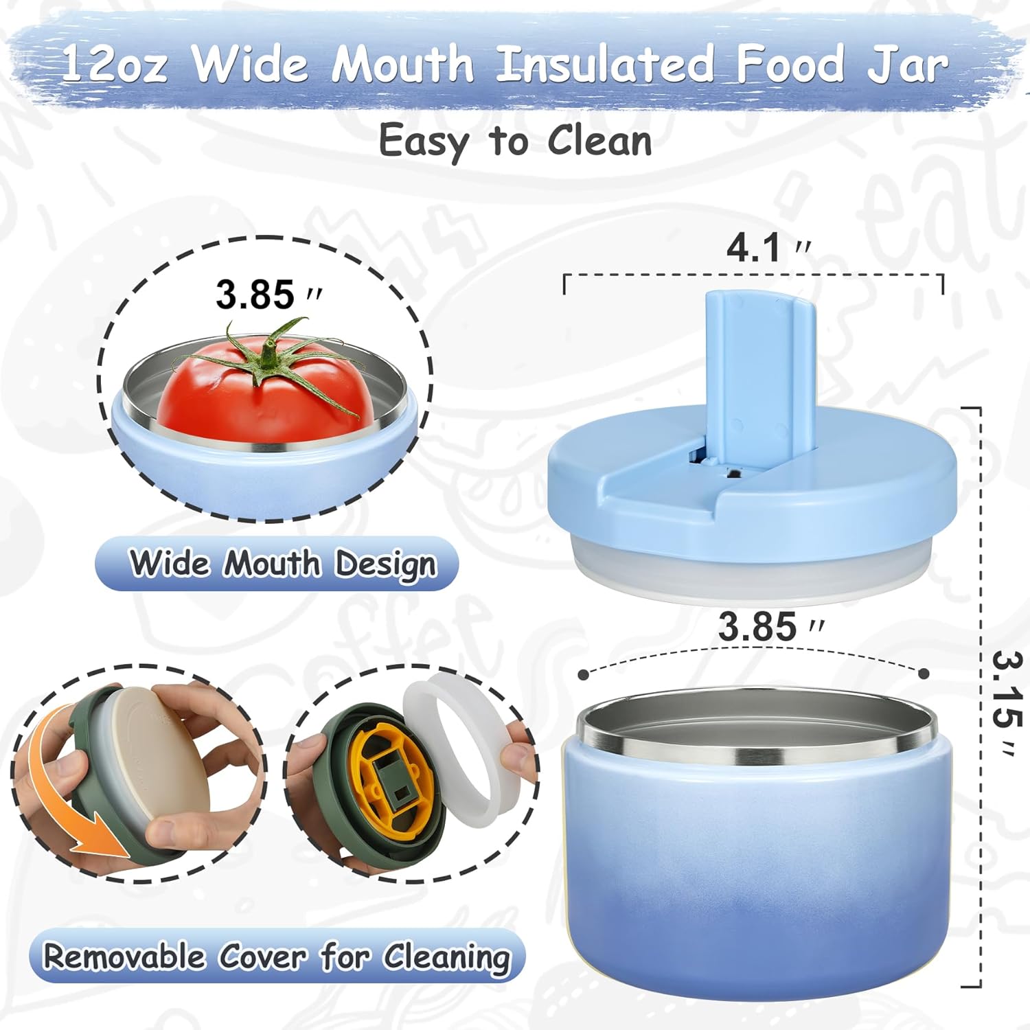 12oz Insulated Vacuum Food Jar with Buckle Lid Wide Mouth Soup Thermo for Hot Food Kids Leakproof Stainless Steel Lunch Container (Gradient Blue, 12OZ) - Blissbrew