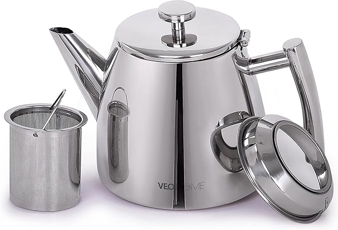 VeoHome Stainless Steel Tea Pot with Infuser - Keeps Heat Thanks to its Double Wall, Silver (0.5 Liter (17 oz))…