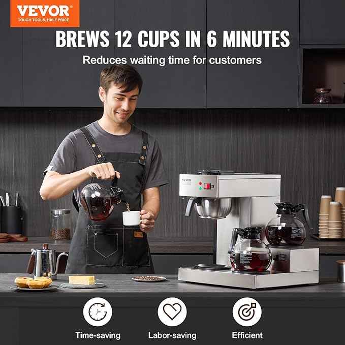 VEVOR 12 Cups Commercial Drip Coffee Maker, Coffee Maker Machine with 3 Glass Carafes and 3 Warmer Plates, Stainless Steel Pour Over Coffee Brewer for Restaurant, Office, Cafe
