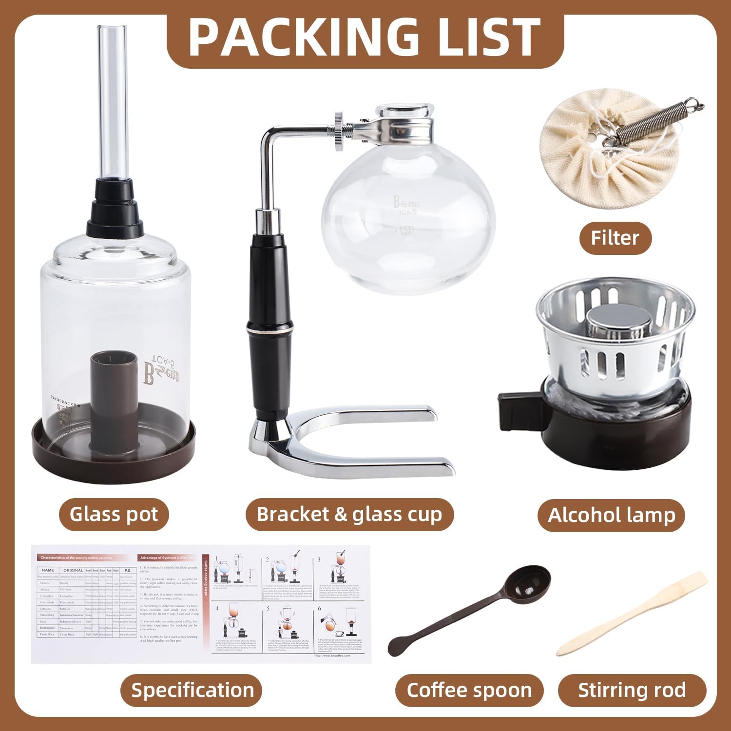 Amarine 5-Cup Tabletop Siphon Coffee Maker, 16 Ounce, Clear with Alcohol Burner (TCA-5)