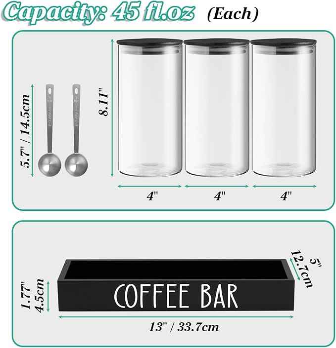 Glass Coffee Canister for Ground Coffee - 3Pcs 45oz Coffee and Sugar Container Set with Airtight Bamboo Lids and Black Tray - Farmhouse Coffee Bean Storage Jars for Coffee Bar Decor and Accessories