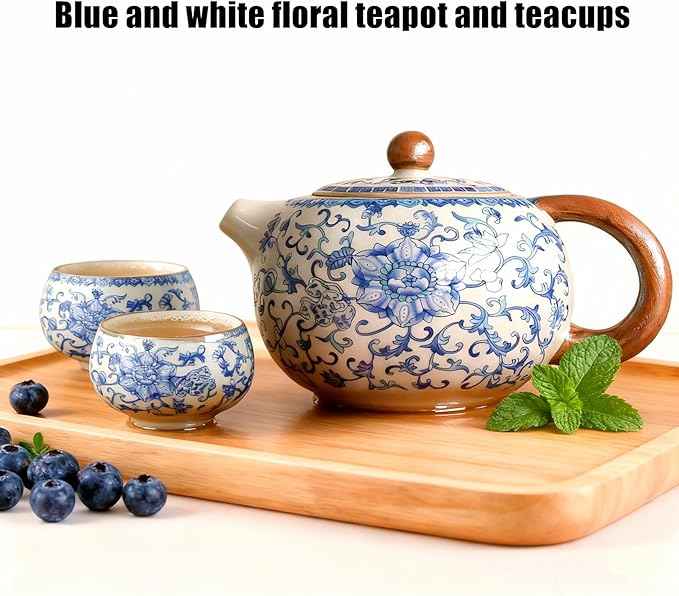 Floral Tea Pot & Tea Cup Set, Classic Blue and White Porcelain, Ice Crack Glaze, Chinese Kungfu Teapot and Teacups Set, Gift Box Packaging