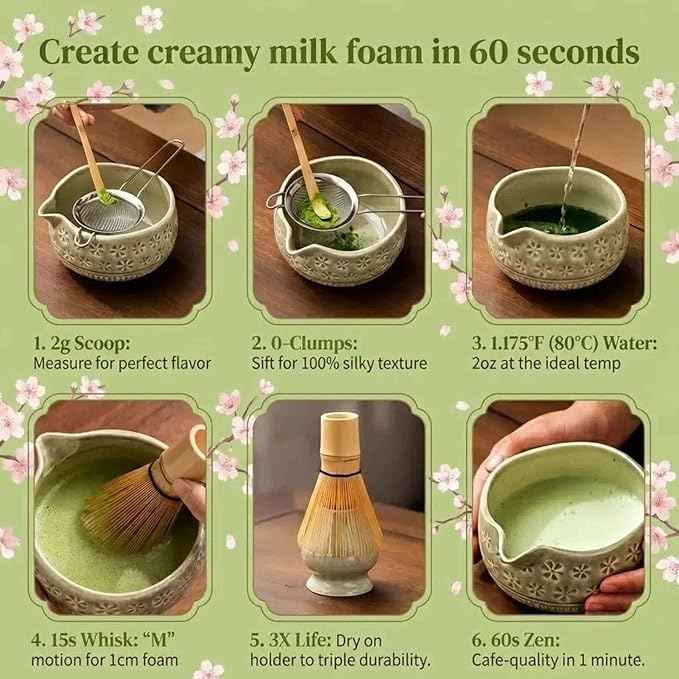 Matcha Whisk Set for Beginner: Japanese Tea Ceremony, 7-in-1 Starter Kit, Easy to Use Guide, 60s Dense Foam, 100% Natural Handmade Bamboo, Lead-Free Ceramic Bowl, Food Safety Certified, Gifts.