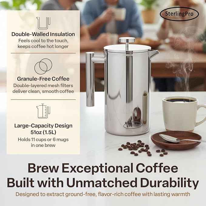 Stainless Steel French Press Coffee Maker 1.5 L (51 oz) Mirror – Double Walled Insulated Large Coffee Press, Durable Design Keeps Drinks Hot, Easy to Use and Clean for Rich Flavor Brewing