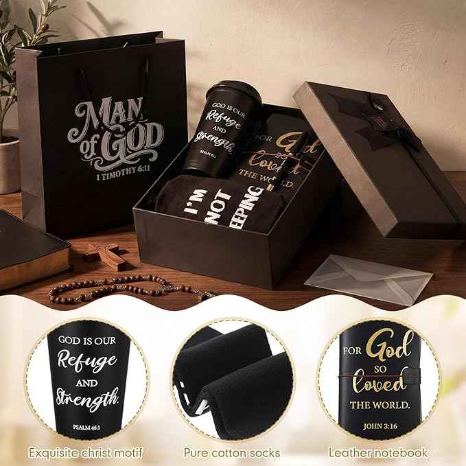 42 Pcs 6 Sets Christian Gifts for Men 16oz Reusable Religious Appreciation Bible Coffee Cups with Lid Black Leather Notebook Socks Pen Card with Bottle Opener for Father Coworker Pastor