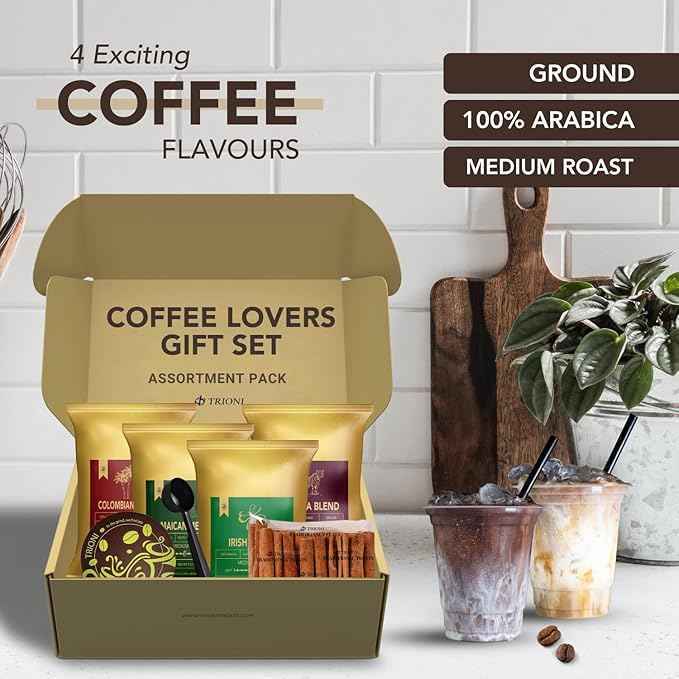Gourmet Coffee Sampler Gift Set (4x2.5oz) TRIONI Medium Roast Ground Coffee Variety Pack, Individual Coffee Packets - 4 Unique Flavored Coffee - Including a Cinnamon Sticks, Coaster, Bag Clip & Spoon