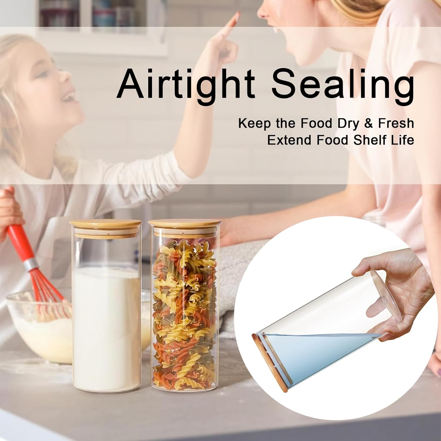 umieo Large Glass Flour and Sugar Containers 50oz Set of 2, Glass Jar with Airtight Lids, Clear Storage Containers with Bamboo Lids for Rice, Oat, Nuts, Candy, Cereal, Coffee, Beans